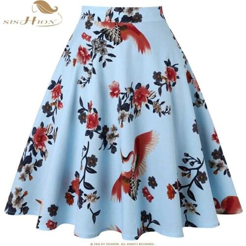 SISHION Women Summer Skirt 2021 jupe femme VD0020 Ladies Birds Floral Print Sky Blue Black Swing Vintage Retro High Waist Skirt