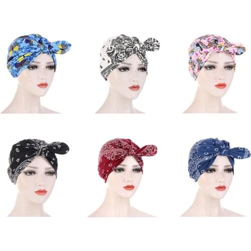 Cute Bow Turban Cap Women Floral Print Bonnet Hat Bowknot Bandana Cap Femme Fashion Geometric Beanie Headband Muslim Headwear