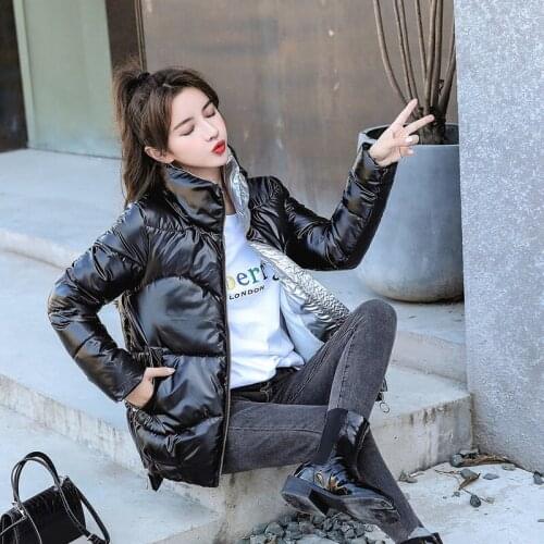 Women 2021 Winter Fashion Glossy Jacket Female Warm Bread Parka Cotton Padded Casual Thick Stand-collar Oversized Coat Parka E21