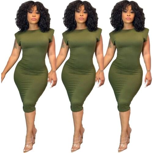 Womens 21 spring and summer new solid color temperament bag hip sleeveless shoulder pad dress bodycon dress