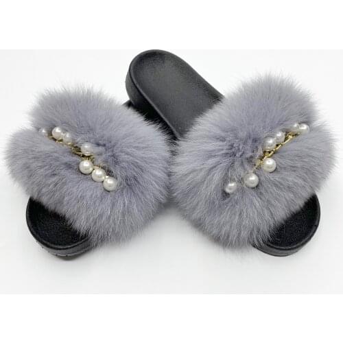 Fluffy Fur Slipper Female Real Fox Furry Slides Fashion Pearl Fur Flip Flop Outdoor Beach Womens Sandals 2021 Free Shipping