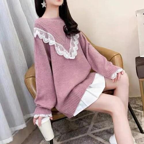 Women pullovers Autumn Loose Lace Solid Color Round Neck Long Sleeve Knitted Blouse Top