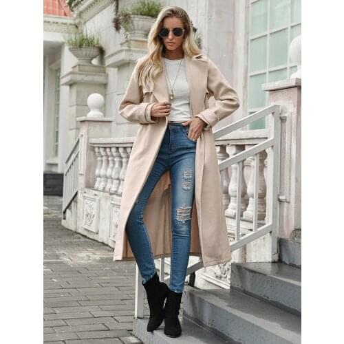 Womens fall/winter mid-length lapel cardigan lace-up woolen coat jacket women