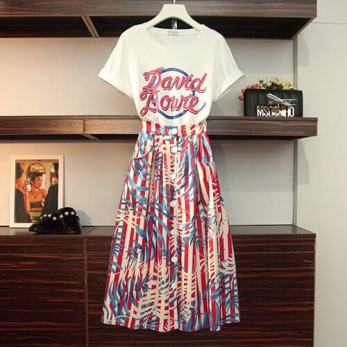 2020 Summer New Two Piece Set Women Fashion Letter Print Cotton T-Shirt + Single-Breasted Striped Pocket Midi Skirt Sets Casual