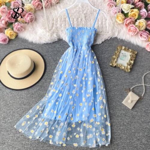 SINGRAIN Women daisy Print Dresses Summer Sexy Lace Mesh Dress Spaghetti Strap Ruched Floral Vestidos Korean Style Long Dress