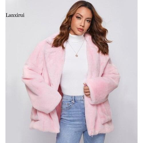 Women Faux Fur Coat Autumn Winter Fluffy Warm Plush Teddy Jackets Fashion Long Sleeve Lapel Fur Coats Overcoat Ladies Outerwear