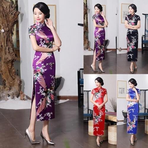 2020 New Women Chinese Short Sleeve Peacock Slitting Hem Cheongsam Banquet Midi Dress Womens clothing женское платье