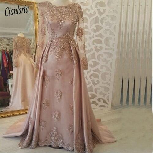 Saudi Arabic Muslim Long Sleeves Evening Dresses Pink 2020 Kaftan Dubai Prom Party Dresses Elegant Lace Appliques vestido