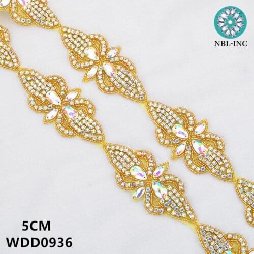 10 yards )Bridal beaded gold AB crystal Rhinestone Applique Trim iron on for wedding dress rhinestone applique belt WDD0936