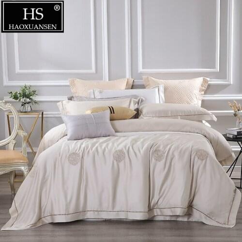 100% Tencel Lyocell 4 Piece Bedding Sets Creamy White 650 Thread Count Embroidery Soft & Comfortable Sheets Set Queen King Size