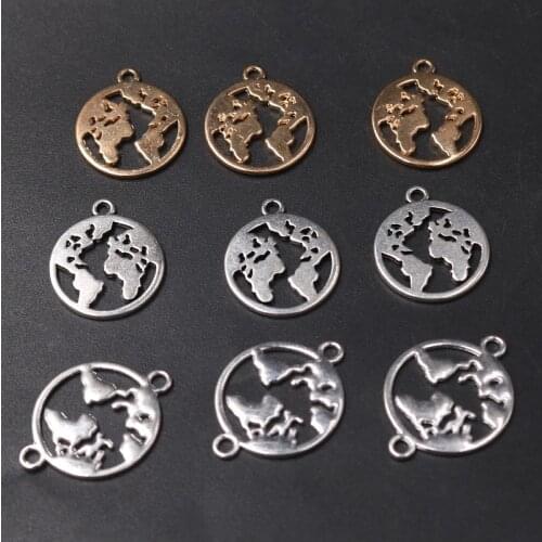 15pcs Three Color Hollow Round World Map Pendant DIY Charms Hip Hop Bracelet Necklace Jewelry Crafts Making A1774