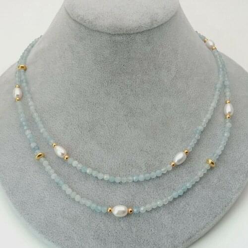 2 rows Natural faceted Aquamarine Cultured white Pearl Necklace 17.5"