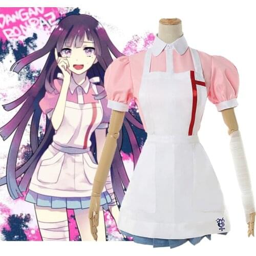 Anime Super Danganronpa 2 Cosplay Mikan Tsumiki Uniforms Costume for women shirt + apron + skirt + bandage Halloween carnival