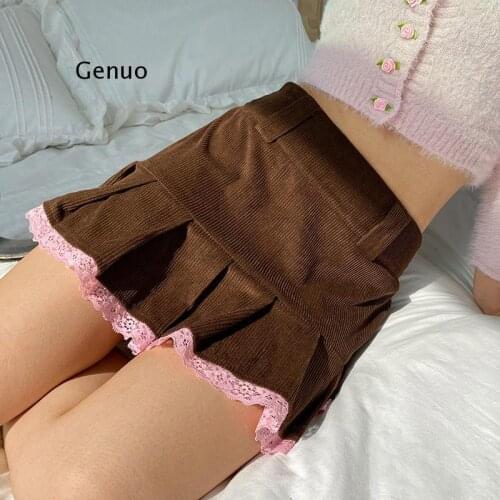 Indie Aesthetics Lace Trim Corduroy Pleated Skirts E-girl Sweet High Waist Brown Skirt Autumn Kawaii A-line Y2K Bottoms