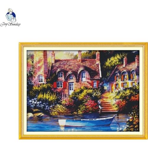 Joy Sunday Fairy-tale cottage Patterns DIY Hand Cross Stitch Kits Printed Canvas DMC Counted Cross-stitch Embroidery Home Decor