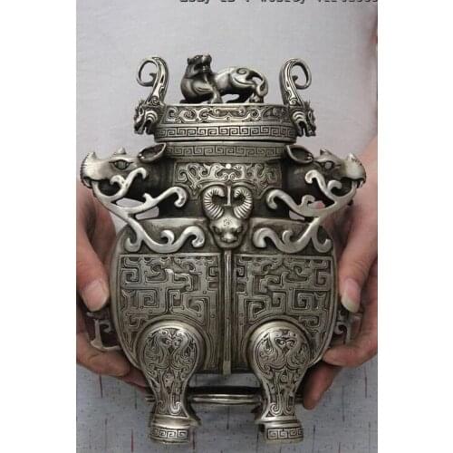 Chinese White Copper Silver Foo Dog Lion Phoenix Beast Rhinoceros Zun Vase Pot