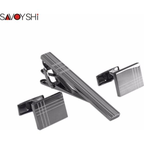 SAVOYSHI Classic Square Black Laser Stripe Bussiness Mens Cufflinks Tie Clips Set High Quality Necktie Pin Tie Bars Clip Clasp