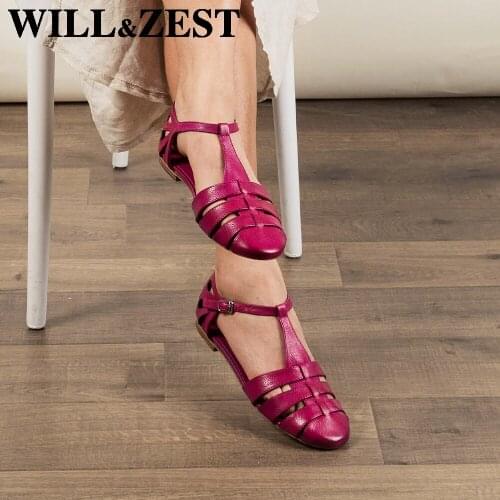 WILL&ZEST Full Genuine Leather Flats Slip on Shoes Kawaii Luxury Shoes Women Designers Gladiator Fashion Low Heels Sandals New