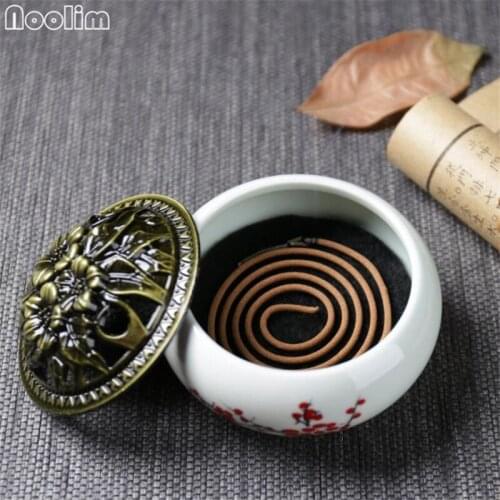 Creative Coil Censer Home Teahouse Decor Ceramic Stick Burner with Copper Cover Buddha Sandalwood Incense Holder Ornaments