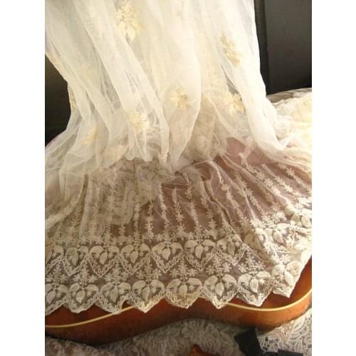 5 yards ivory Lace fabric, Embroidered tulle lace fabric, vintage gauze antique bridal lace curtain sewing supplies, MF135
