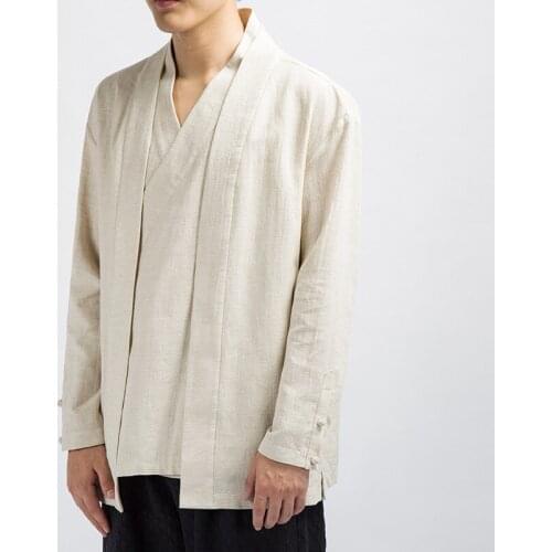 Casual Vintage Fake Two Piece V-neck Cotton Linen Coat Men Kimono Jacket Chinese Style Loose Plus Size 4XL White/Black