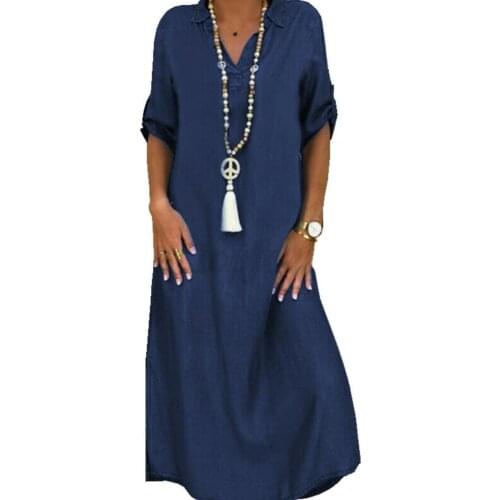 Fashion Denim Style Long Shirt Dress Women Casual Half Sleeve Lapel Sundress 2021 Summer Solid Button Loose Robe