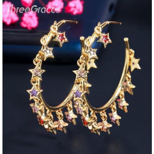 ThreeGraces New Trendy Colorful Cubic Zirconia Gold Color Cute Five Pointed Star Big Round Hoop Earring for Women Jewelry ER534