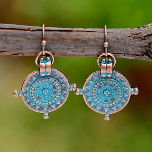 TopHanqi Boho Antique Bronze Round Pattern Drop Earrings Ladies Handmade Ethnic Vintage Alloy Earring For Women Jewelry brincos