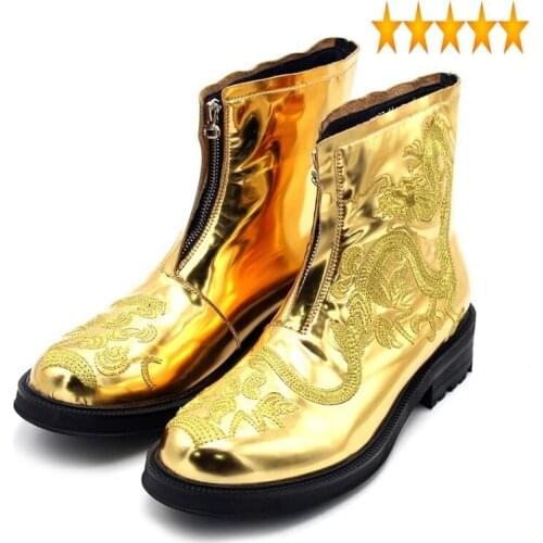 Embroidered Ankle Men Gold Dragon Runway Zipper Round Toe Genuine Leather Boots Party Dress Shoes Height Increasing Botas