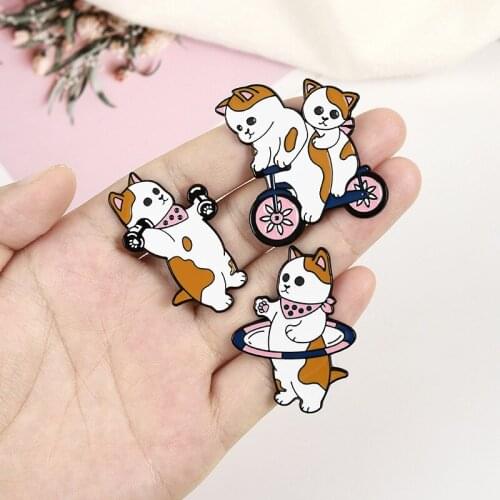 Funny Cats Enamel Pin Custom Cat Egg Bike Dumbbells Sports Brooches Bag Lapel Pin Cartoon Badge Jewelry for Kids Friends