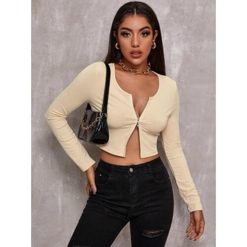 Women Clothing Autumn Spring Retro Zipper Top Women Basic T Shirt New Fashion Long Sleeve Fashion T Shirt Casual Slim Tops 2021
