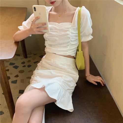 Leisure Lady Suit Summer 2020 New Square Collar Fold Slim Slim Short Top+skirt Two-piece Set