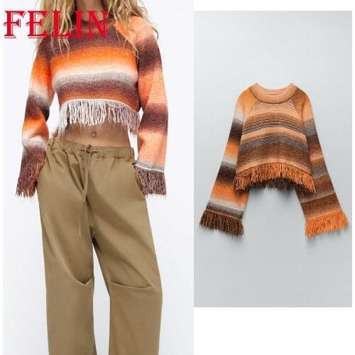 Za 2021 Chic Vintage Striped Tassel Women Knit Sweater Fashion Autumn Y2K O Neck Long Sleeve Pullovers Boho Style Female Tops