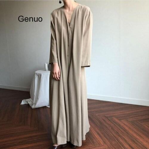 Oversized Women Vintage Spring Autumn Chiffon Long Shirt Dress Sexy V-neck Sashes Full Sleeve Maxi Dresses Brief Solid Color