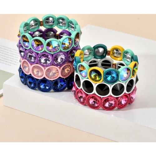 ZMZY Handmade Vintage Boho Big Crystal Elastic Bracelet Enamel Stretch Cuff Bangle Rainbow Tile Bead Bracelet For Women Jewelry