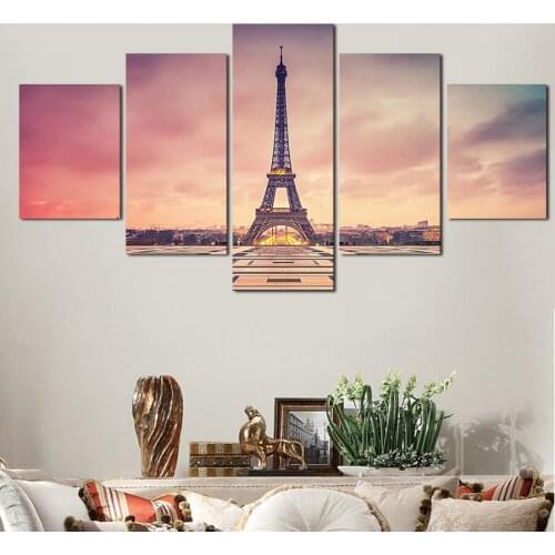 5 Panels Unframed eiffel tower under pink sky scenery Wall Art Canvas Paintings For Living Office Artwork Home Decor