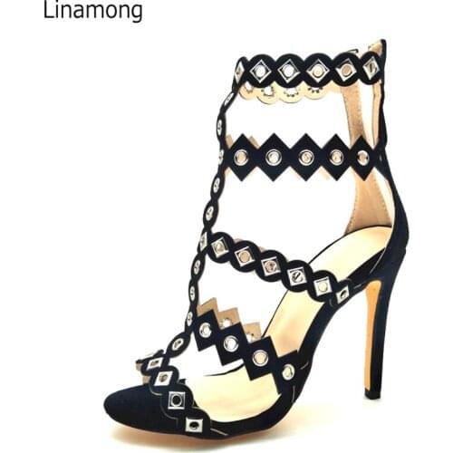 Summer Ladies Sexy Metal Hole Button Studs Stiletto High Heels Sandals Woman Open toe Gladiator Cover high-heels Dress Shoes