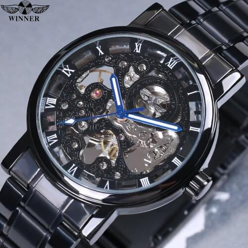 Winner Transparent Steampunk Montre Homme Black Retro Casual Mens Watches Top Brand Luxury Full Steel Skeleton Mechanical Watch