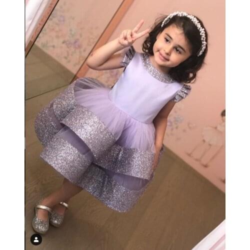 Purple Birthday Girl Sequin Dresses Gowns Knee Length Bow Back Knee Length Purple Flower Girls Pageant Celebration Gowns Dress