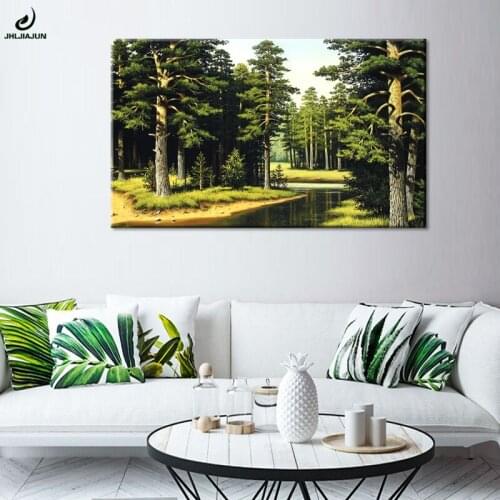 JHLJIAJUN Nordic Canvas Oil Painting Green Cedar Forest Natural Wall Art Print And Poster For Living Bedoom Decor Picture Poster