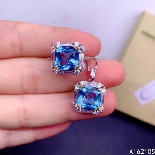 Fine jewelry 925 pure silver Chinese style natural Swiss blue topaz womens luxury popular square gem pendant ring set support d