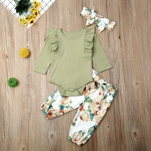 3PCS Autumn Fashion Newborn Baby Girl Outfit Ruffle Long Sleeve Bodysuit Romper Tops Floral Pants Clothes Set 0-24Months