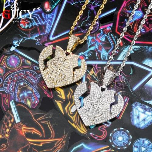 GUCY New Heart Broken Dollar Pendant With 4mm Tennis Chain Silver Color Iced Out Cubic Zircon Hip Hop Rock Jewelry For Men Gift
