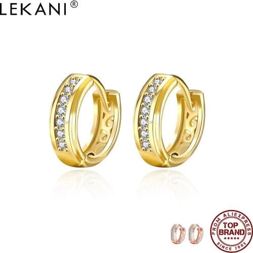 LEKANI Hollow Out Single Row Round Hoop Earrings For Women Cubic Zirconia Gold Color Earring Anniversary Female Fashion Jewelry