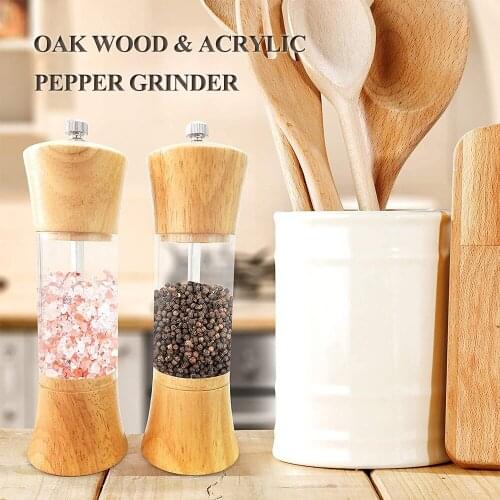 6inch Oak Wood Acrylic Salt And Pepper Grinder Spice Pepper Mill Salt Shaker With Adjustable Ceramic Grinder Wood Kitchen Tools
