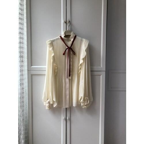 Fashion 2021 new women long-sleeved sexy casual silk shirt with lotus leaf tie 0326