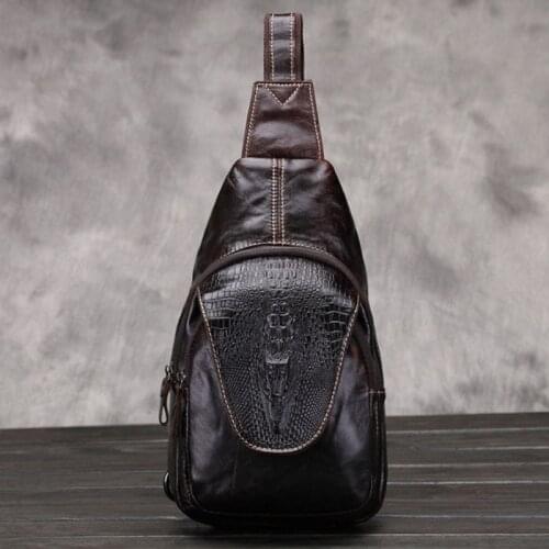 Men Oil Wax Cowhide Bag Crocodile Sling Chest Bag Travel trend Vintage Shoulder Cross Body Messenger Pack Leather Bag