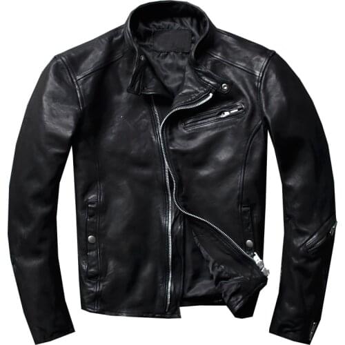 Mens Genuine Leather Jacket Slim-fit Top Layer sheepskin Racing Suit Leather Jacket