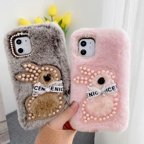 3D Plush Rabbit Pearl TPU Soft Phone Case For Samsung S21 Plus S20 FE Note 20 Ultra A10 A20 A50 A70 A51 A71 A02S A12 A32 A72 A52