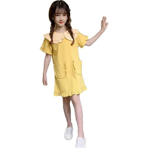 4-12 Years Baby Girls Short Sleeve Doll Collar Dress Clothes Kids Summer Princess Dress Children Sweet Casual Dress Outfit